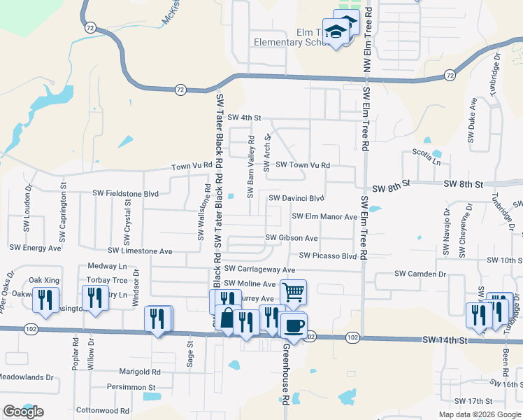 map of restaurants, bars, coffee shops, grocery stores, and more near 707 Southwest Barn Valley Road in Bentonville