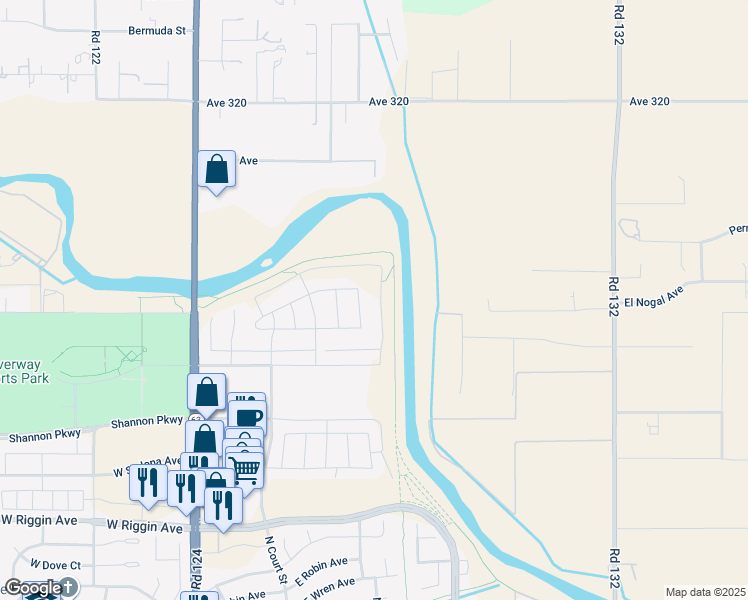 map of restaurants, bars, coffee shops, grocery stores, and more near 31603 Road 132 in Visalia