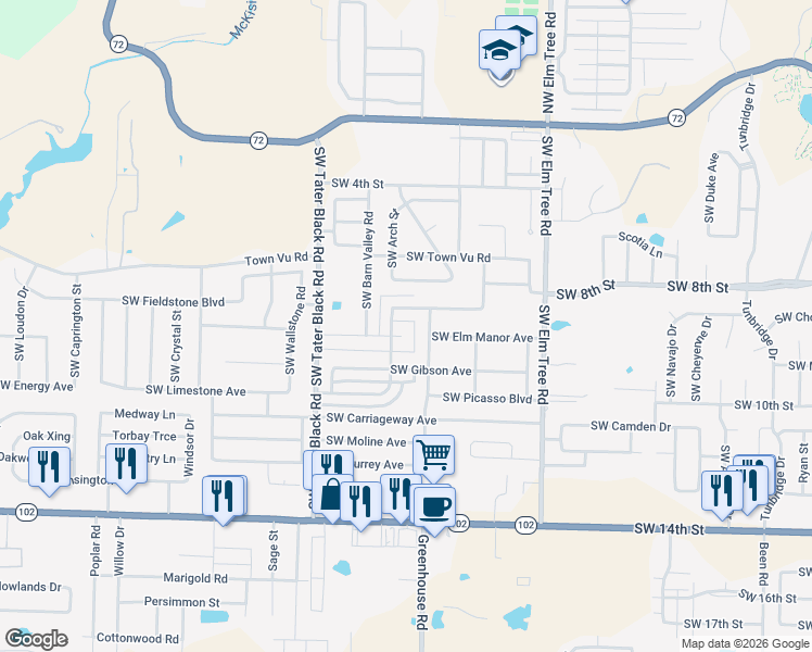 map of restaurants, bars, coffee shops, grocery stores, and more near 3705 Southwest Davenci Boulevard in Bentonville