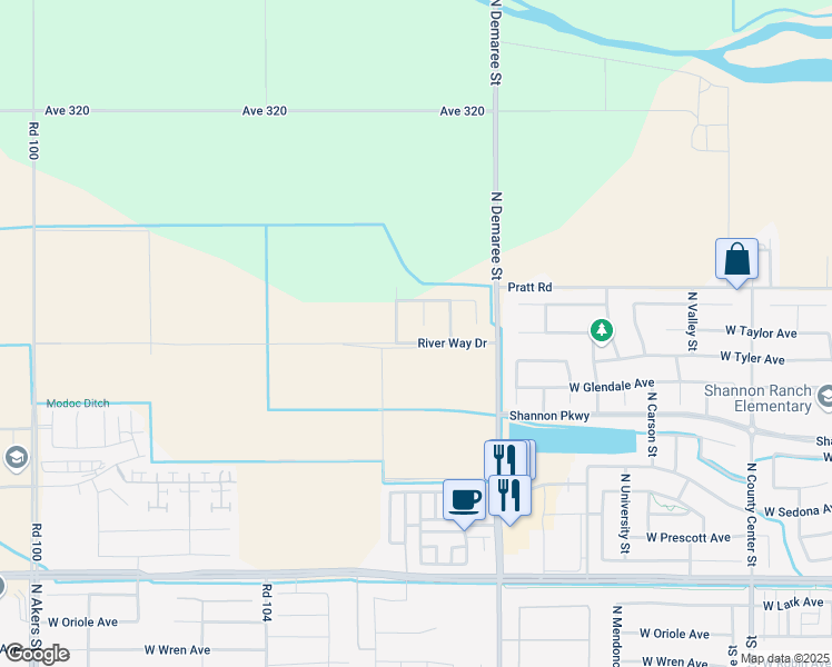 map of restaurants, bars, coffee shops, grocery stores, and more near 3813 North Fontana Street in Visalia