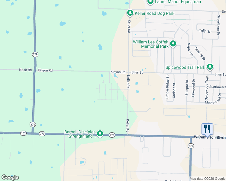 map of restaurants, bars, coffee shops, grocery stores, and more near 591 Keller Road in Centerton