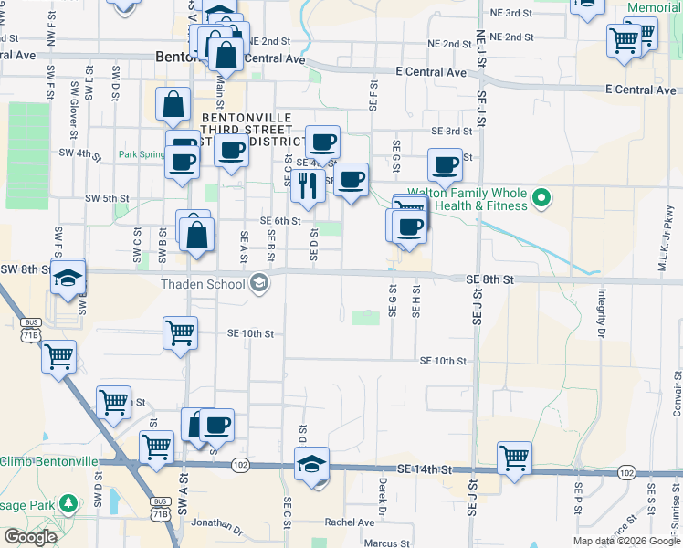 map of restaurants, bars, coffee shops, grocery stores, and more near 819 Southeast E Street in Bentonville