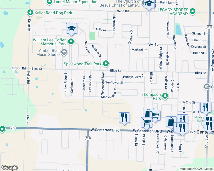 map of restaurants, bars, coffee shops, grocery stores, and more near 521 Spicewood Trail in Centerton