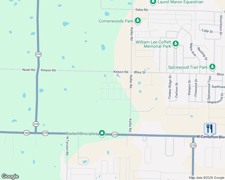 map of restaurants, bars, coffee shops, grocery stores, and more near 591 Keller Road in Centerton