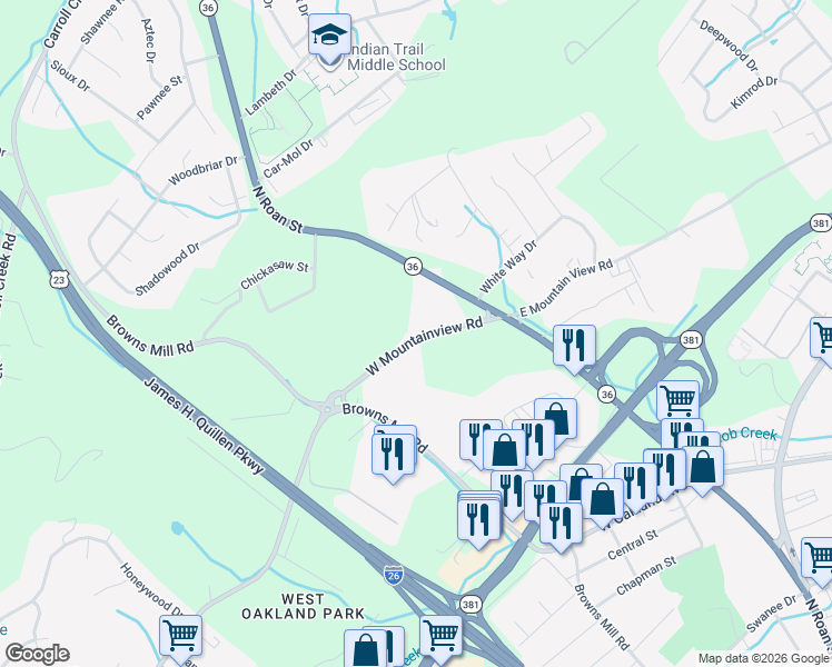 map of restaurants, bars, coffee shops, grocery stores, and more near 202 West Mountainview Road in Johnson City