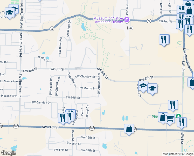 map of restaurants, bars, coffee shops, grocery stores, and more near 2300 Southwest Choctaw Street in Bentonville