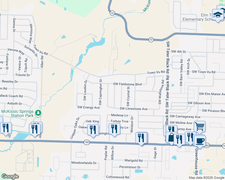 map of restaurants, bars, coffee shops, grocery stores, and more near 703 Southwest Sandrock Road in Bentonville
