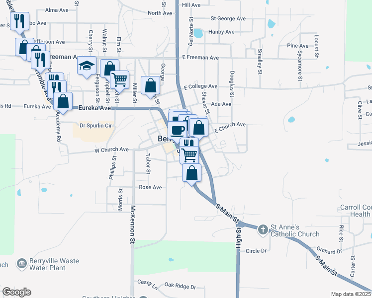map of restaurants, bars, coffee shops, grocery stores, and more near 101 East Madison Avenue in Berryville
