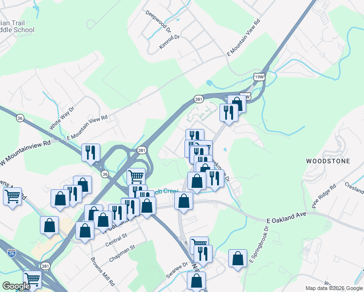 map of restaurants, bars, coffee shops, grocery stores, and more near 3201 Lyndall Street in Johnson City