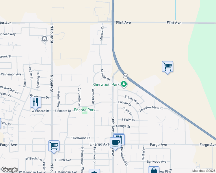 map of restaurants, bars, coffee shops, grocery stores, and more near 7617-7743 Central Valley Hwy in Hanford
