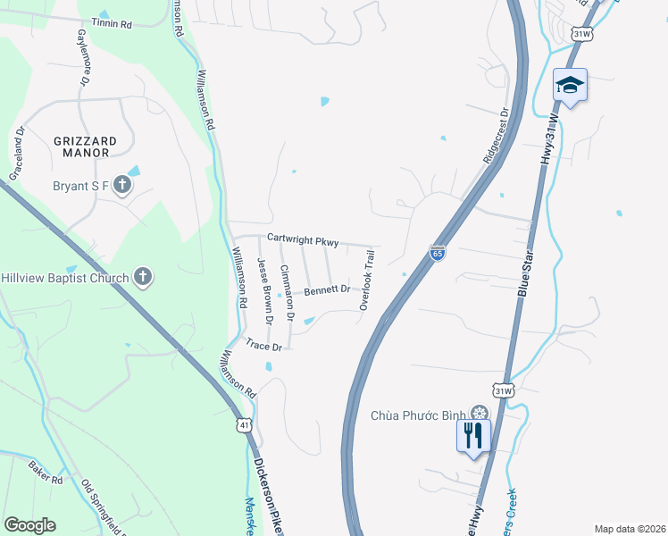 map of restaurants, bars, coffee shops, grocery stores, and more near 109 Longview Drive in Goodlettsville