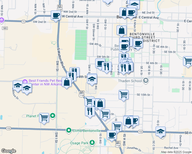 map of restaurants, bars, coffee shops, grocery stores, and more near 609 Southwest 8th Street in Bentonville