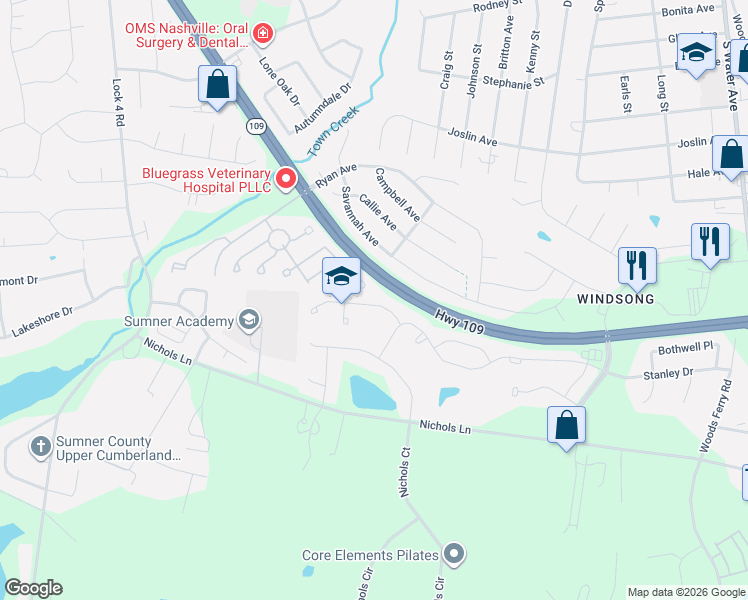 map of restaurants, bars, coffee shops, grocery stores, and more near 1650 Foston Lane in Gallatin