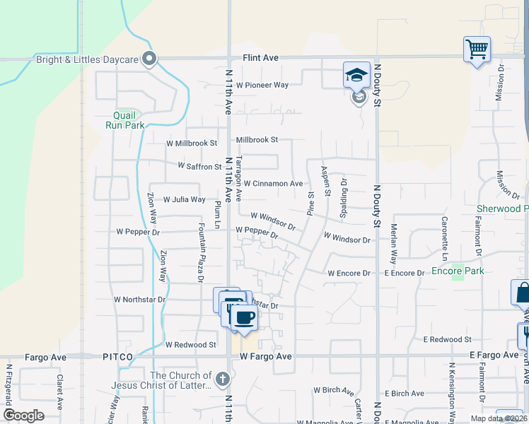 map of restaurants, bars, coffee shops, grocery stores, and more near 542 West Windsor Drive in Hanford
