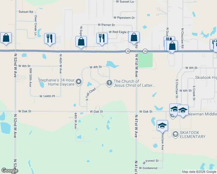 map of restaurants, bars, coffee shops, grocery stores, and more near 4200 West 6th Street in Skiatook