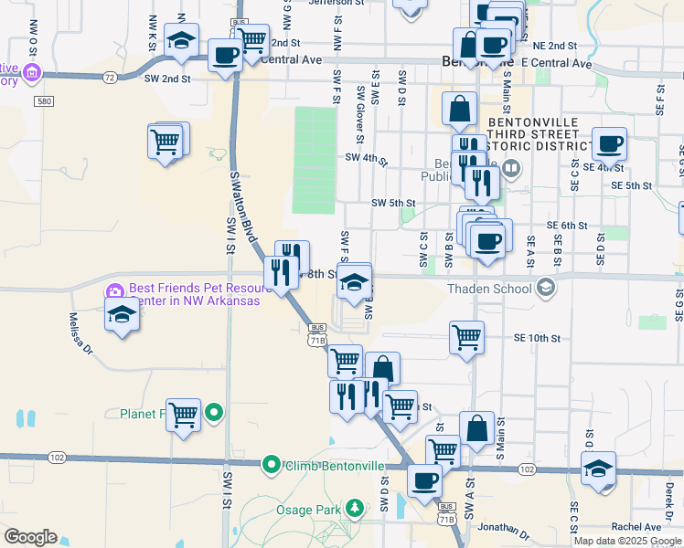 map of restaurants, bars, coffee shops, grocery stores, and more near in Bentonville