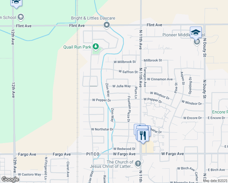 map of restaurants, bars, coffee shops, grocery stores, and more near 982 West Windsor Drive in Hanford