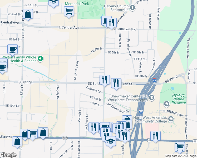 map of restaurants, bars, coffee shops, grocery stores, and more near 38 Burnett Circle in Bentonville