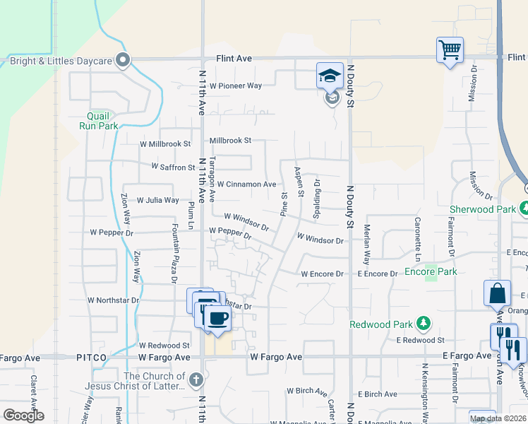 map of restaurants, bars, coffee shops, grocery stores, and more near 455 West Julia Way in Hanford