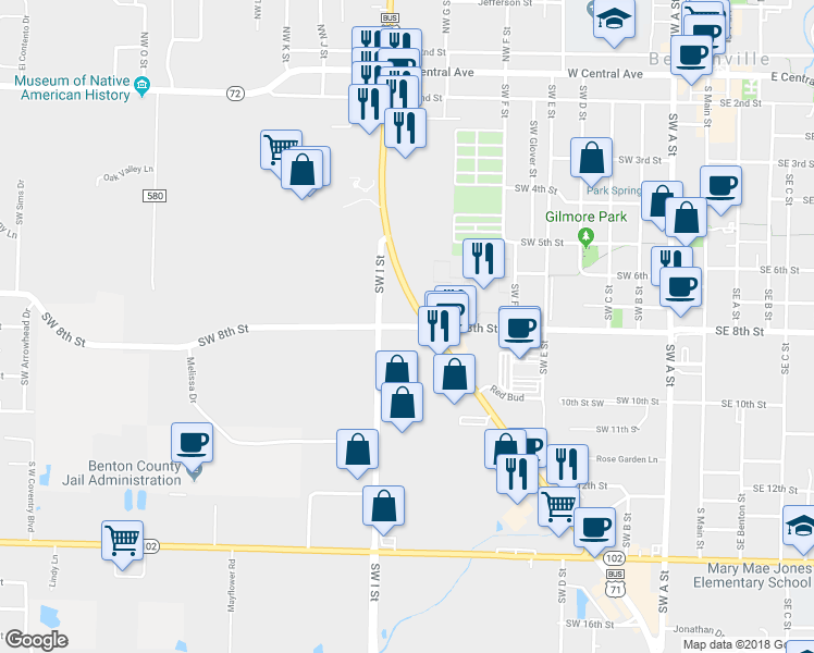 map of restaurants, bars, coffee shops, grocery stores, and more near 806 Southwest 8th Street in Bentonville