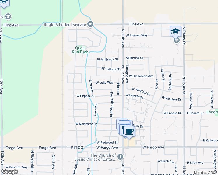 map of restaurants, bars, coffee shops, grocery stores, and more near 904 West Windsor Drive in Hanford