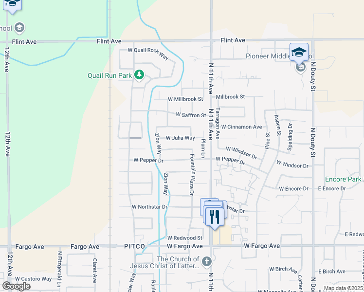 map of restaurants, bars, coffee shops, grocery stores, and more near 936 West Windsor Drive in Hanford