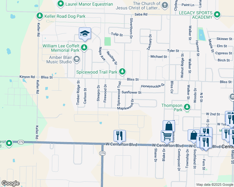 map of restaurants, bars, coffee shops, grocery stores, and more near 521 Spicewood Trail in Centerton