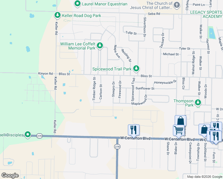 map of restaurants, bars, coffee shops, grocery stores, and more near 521 Steepro Drive in Centerton