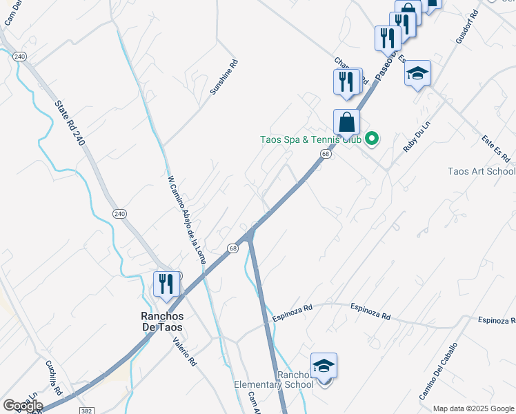 map of restaurants, bars, coffee shops, grocery stores, and more near Plum Flower Lane in Taos