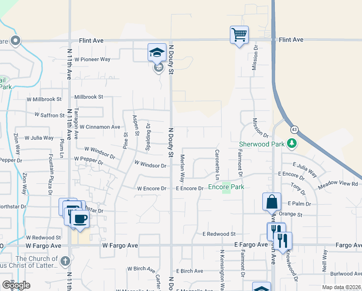 map of restaurants, bars, coffee shops, grocery stores, and more near 186 East Sherwood Drive in Hanford