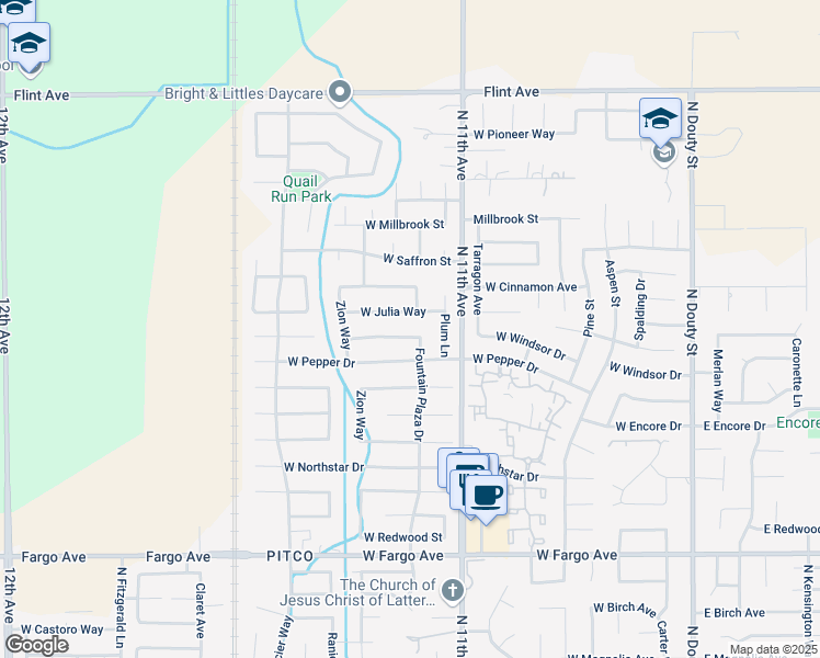 map of restaurants, bars, coffee shops, grocery stores, and more near 904 West Windsor Drive in Hanford
