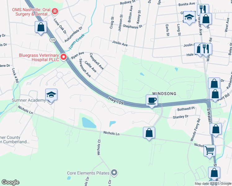 map of restaurants, bars, coffee shops, grocery stores, and more near 1144 Savannah Avenue in Gallatin