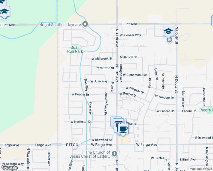 map of restaurants, bars, coffee shops, grocery stores, and more near 904 West Windsor Drive in Hanford