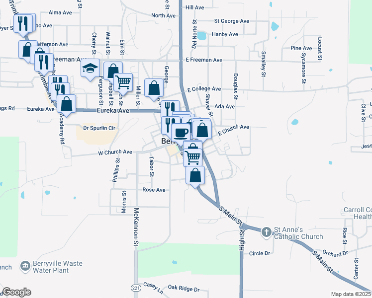 map of restaurants, bars, coffee shops, grocery stores, and more near 101 East Madison Avenue in Berryville