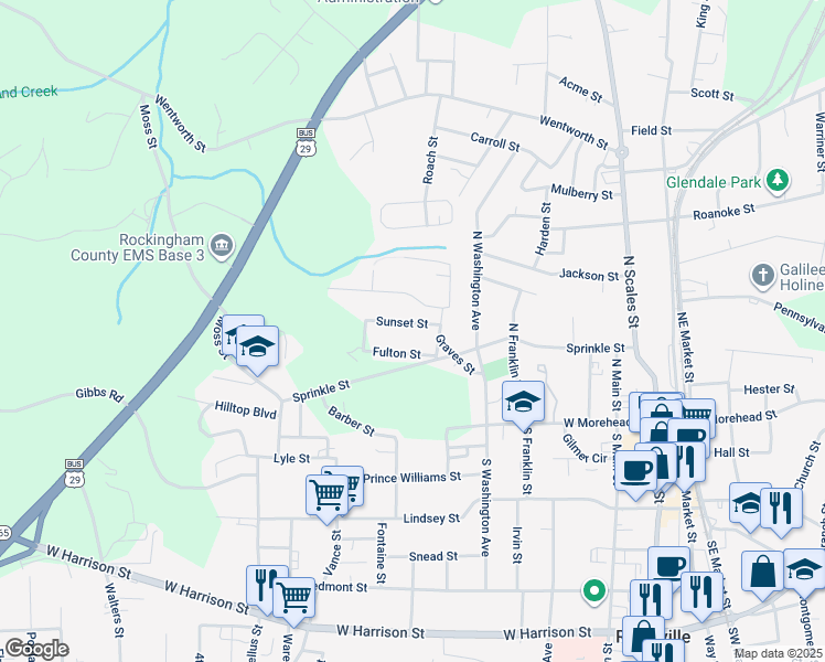 map of restaurants, bars, coffee shops, grocery stores, and more near 811 Sunset Street in Reidsville