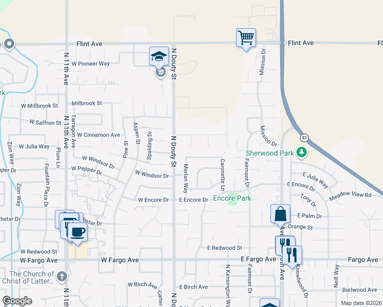 map of restaurants, bars, coffee shops, grocery stores, and more near 186 East Sherwood Drive in Hanford