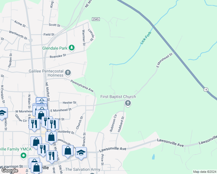 map of restaurants, bars, coffee shops, grocery stores, and more near 625 Winstead Street in Reidsville