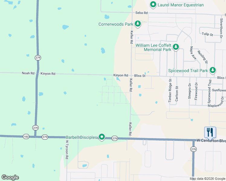 map of restaurants, bars, coffee shops, grocery stores, and more near 591 Keller Road in Centerton