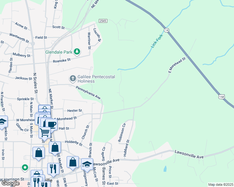 map of restaurants, bars, coffee shops, grocery stores, and more near 625 Winstead Street in Reidsville