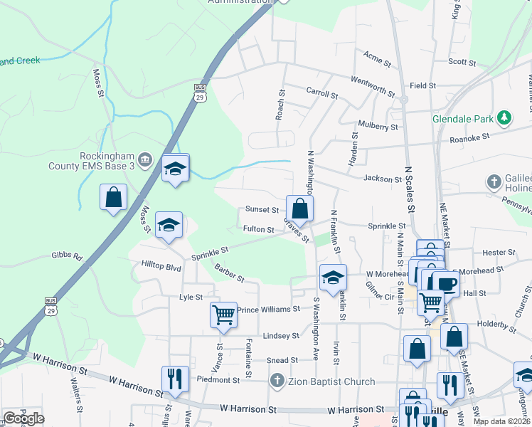 map of restaurants, bars, coffee shops, grocery stores, and more near 813 Sunset Street in Reidsville