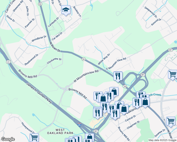 map of restaurants, bars, coffee shops, grocery stores, and more near 202 West Mountainview Road in Johnson City