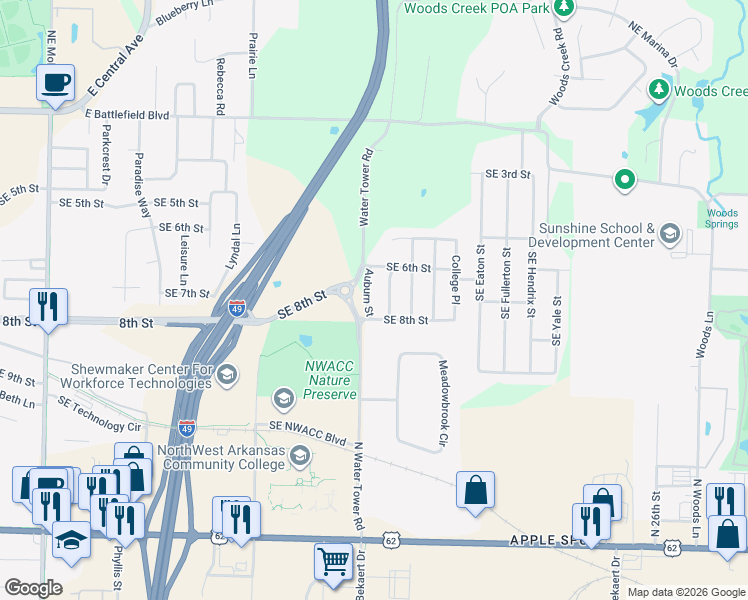 map of restaurants, bars, coffee shops, grocery stores, and more near 703 Auburn Street in Bentonville