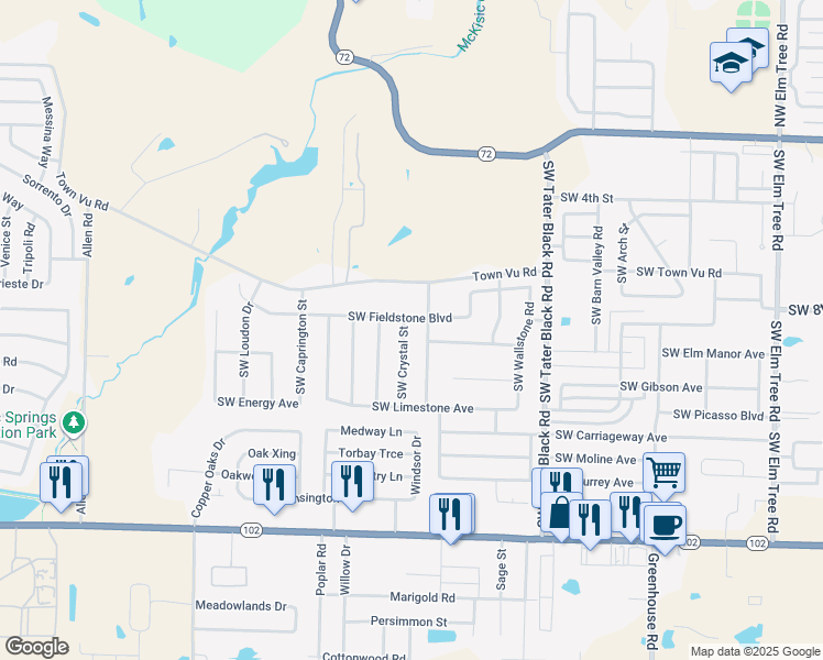 map of restaurants, bars, coffee shops, grocery stores, and more near 703 Southwest Crystal Street in Bentonville