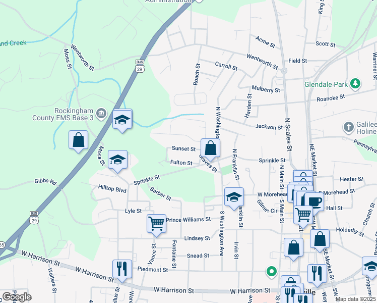 map of restaurants, bars, coffee shops, grocery stores, and more near 811 Sunset Street in Reidsville