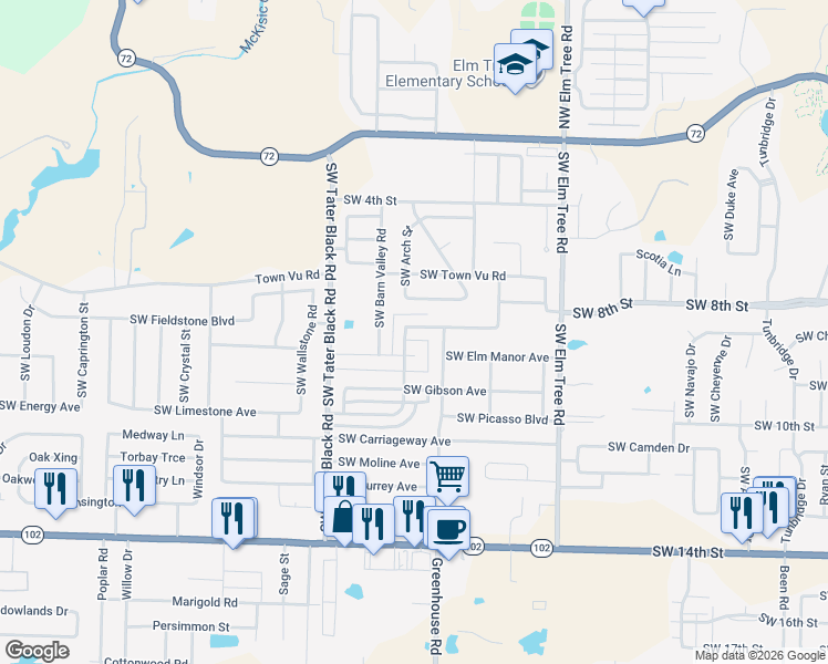 map of restaurants, bars, coffee shops, grocery stores, and more near 3705 Southwest Davenci Boulevard in Bentonville