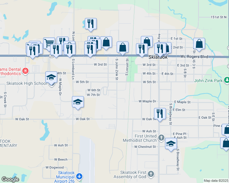 map of restaurants, bars, coffee shops, grocery stores, and more near 601 South John Zink Street in Skiatook