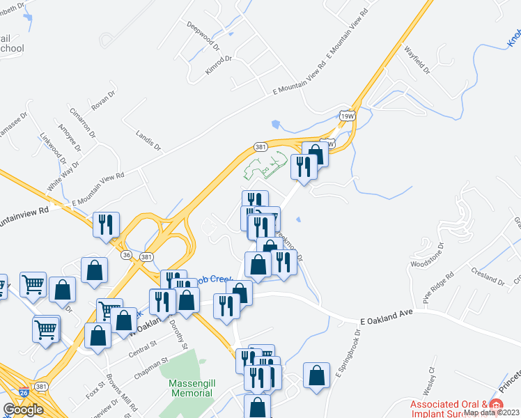 map of restaurants, bars, coffee shops, grocery stores, and more near 115 Beechnut Street in Johnson City