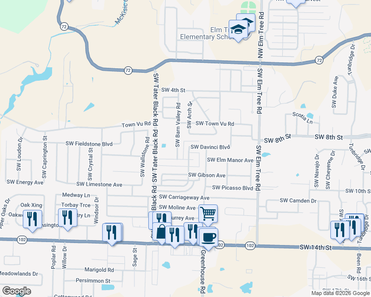 map of restaurants, bars, coffee shops, grocery stores, and more near 707 Southwest Barn Valley Road in Bentonville