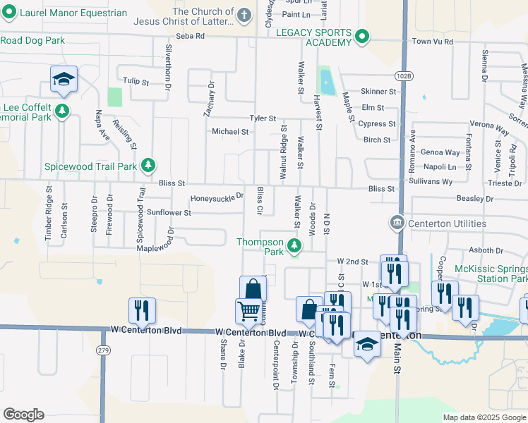 map of restaurants, bars, coffee shops, grocery stores, and more near 632 Bliss Circle in Centerton