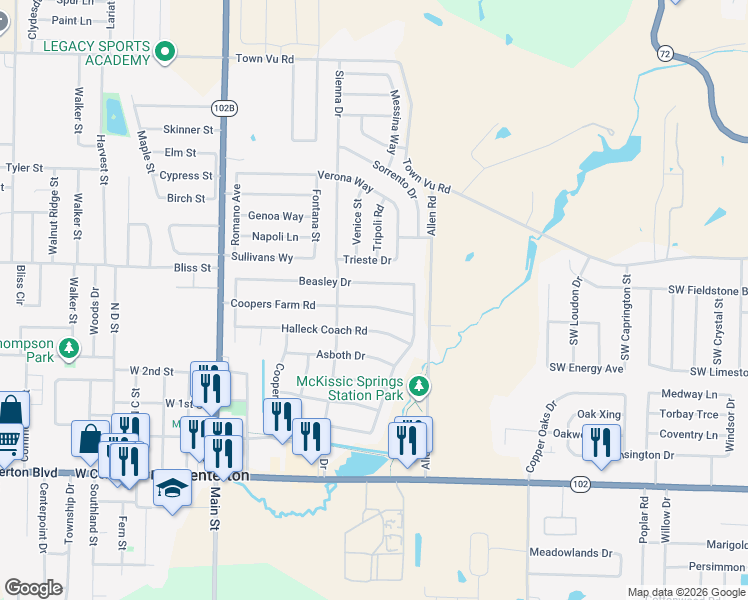 map of restaurants, bars, coffee shops, grocery stores, and more near 451 Coopers Farm Road in Centerton